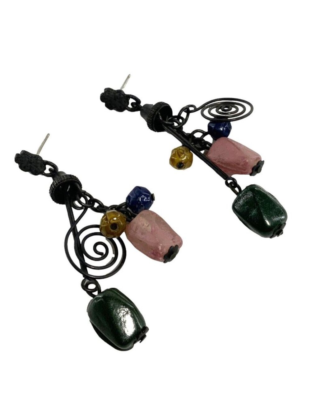 Vintage Dangle Earrings Natural Stone Multicolor Beads Spiral Charm Womens - Picture 7 of 8